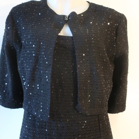 Womens Barbara Katz Black 2 Pc Knit Set Cardigan Jacket Strappy Shift Dress L * - Picture 1 of 16
